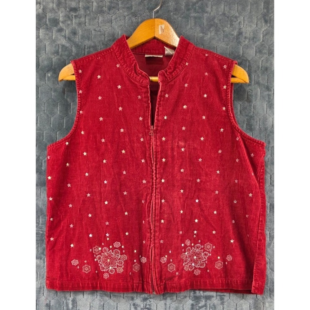 BAXTER & WELLS Women's Red Corduroy Zip Up Vest Snow Flakes Sequins - Large